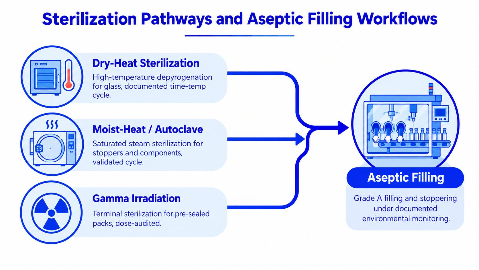 A diagram illustrating sterilization methods including dry-heat, moist-heat, and gamma irradiation leading to aseptic filling processes.