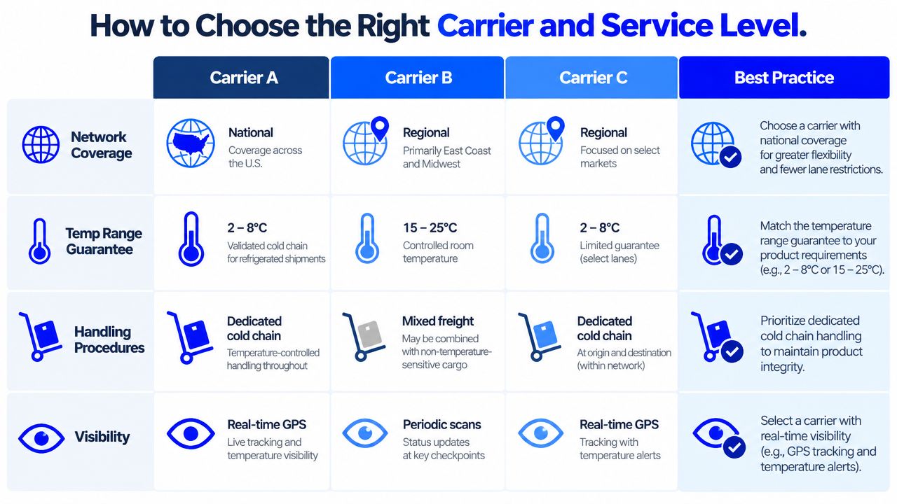 A comparison chart showing features of three carriers to help select the right temperature controlled logistics provider.