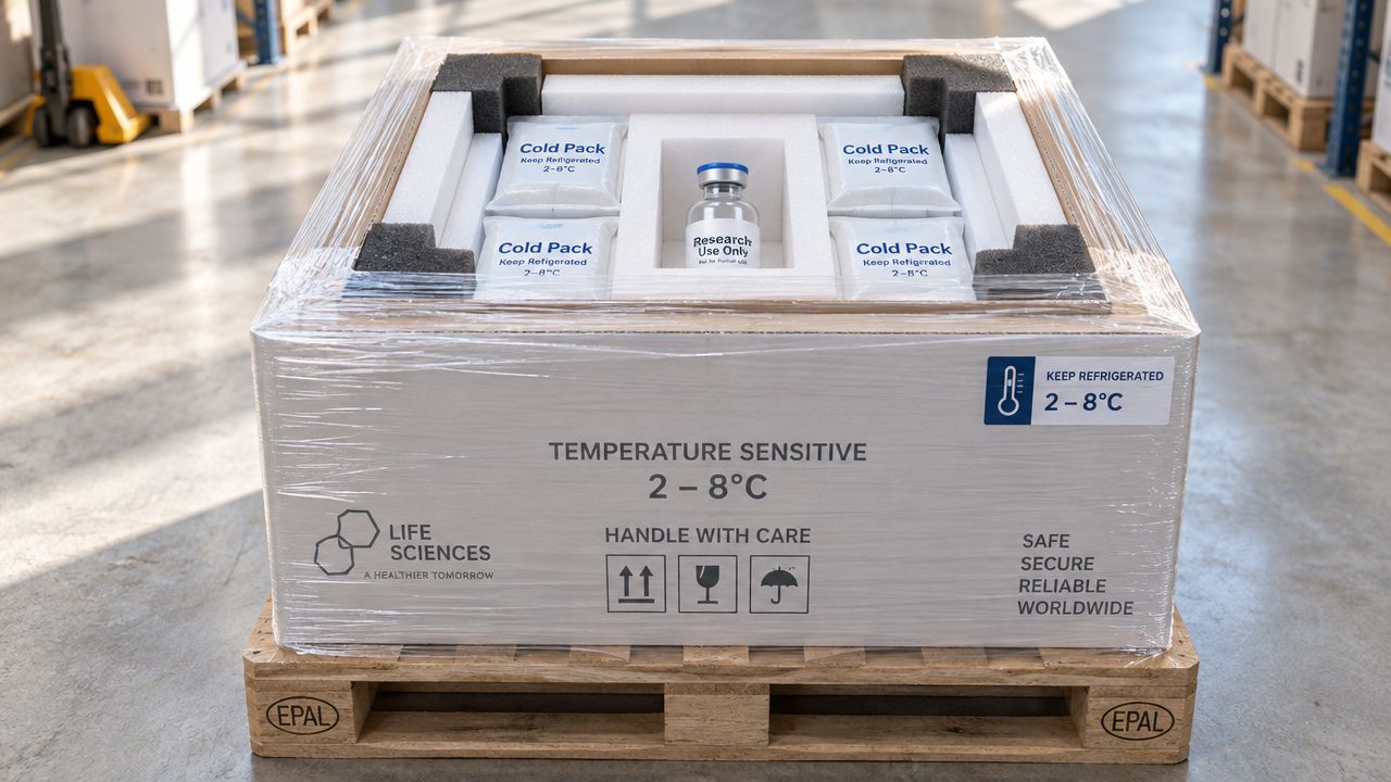 A refrigerated shipping container on a wooden pallet holding a single glass research vial and cold packs.