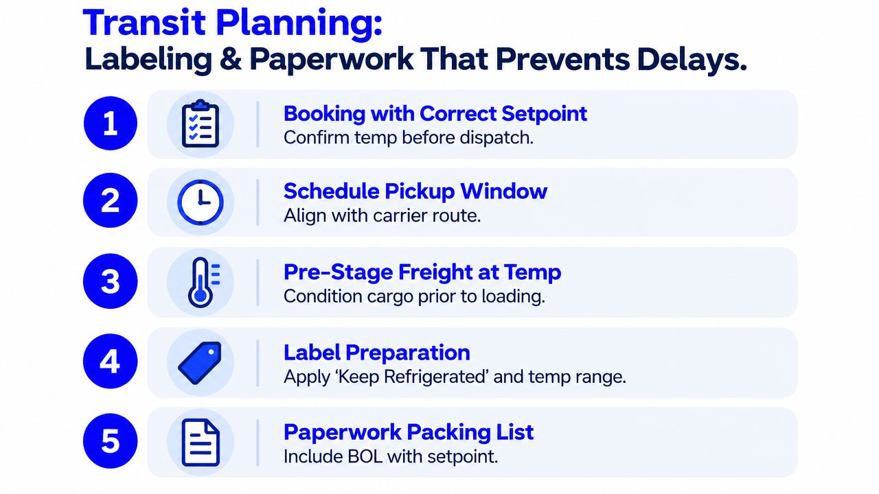 A checklist infographic detailing five essential steps for efficient transit planning in temperature-controlled logistics and shipping.