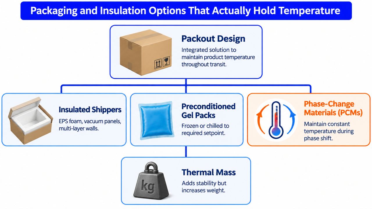 A diagram illustrating temperature controlled shipping packaging options including insulated shippers, gel packs, phase-change materials, and thermal mass.