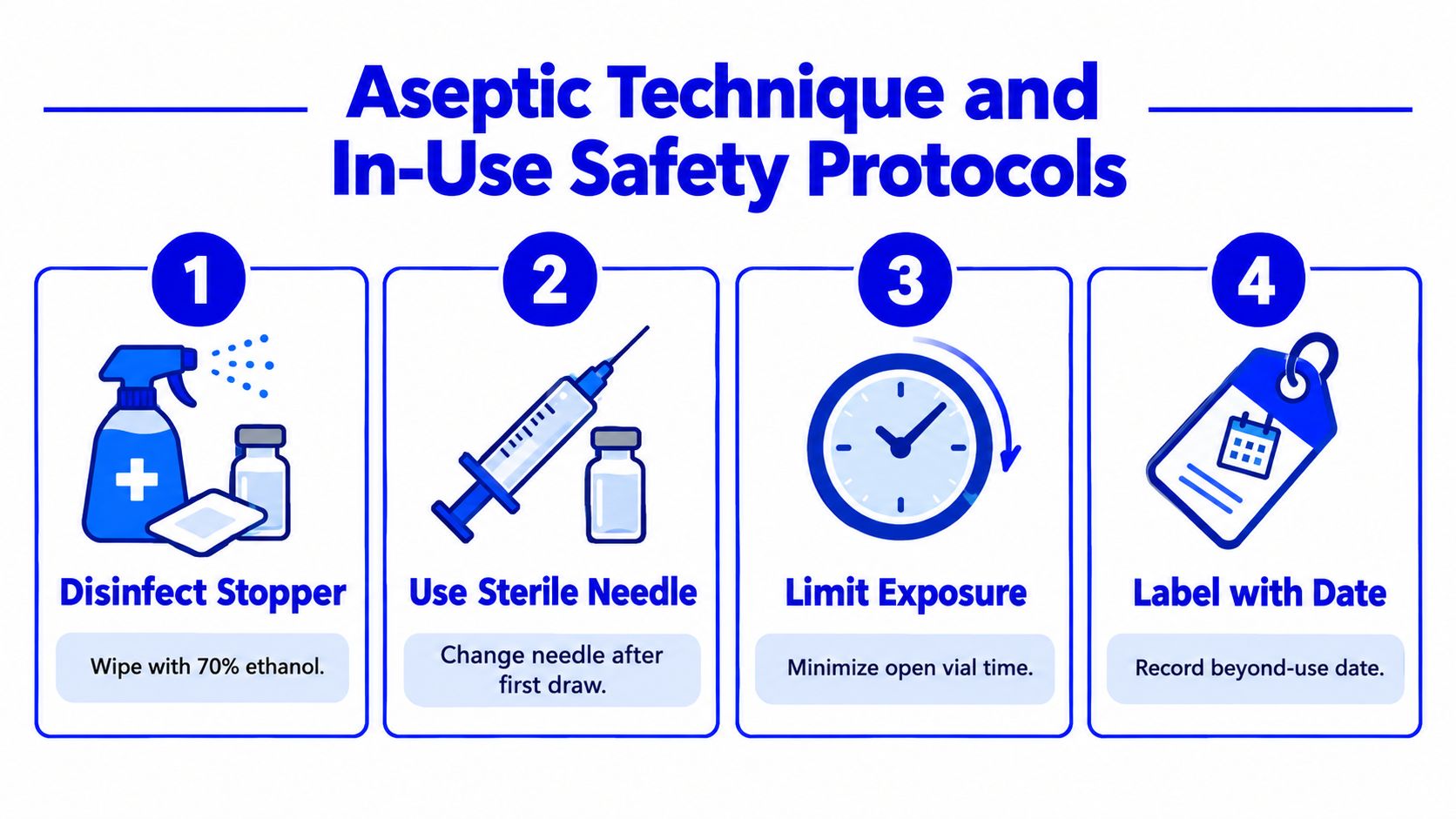 An infographic showing four essential safety steps for using vials in an aseptic clinical environment.