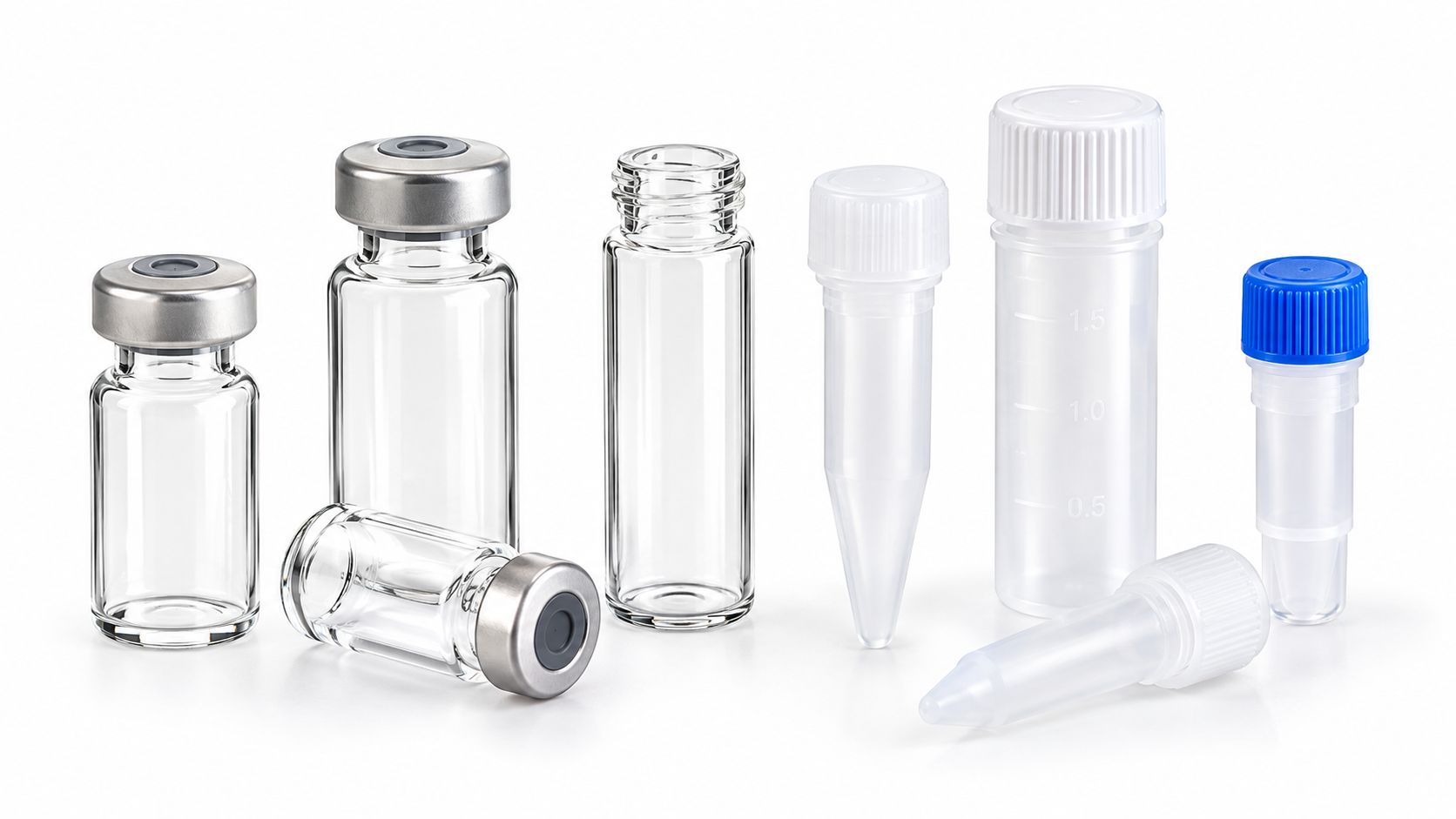 A collection of various glass and plastic laboratory vials for scientific, medical, or research purposes on white.