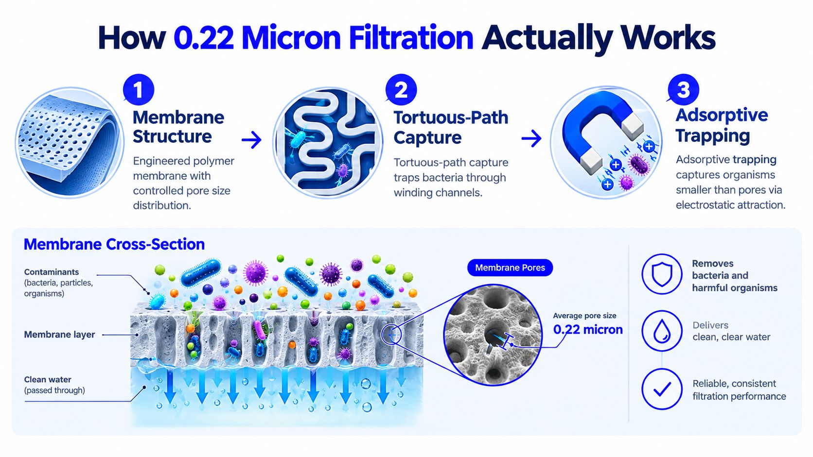 An infographic explaining how 0.22 micron water filtration works through membrane structure, tortuous-path capture, and adsorptive trapping methods.