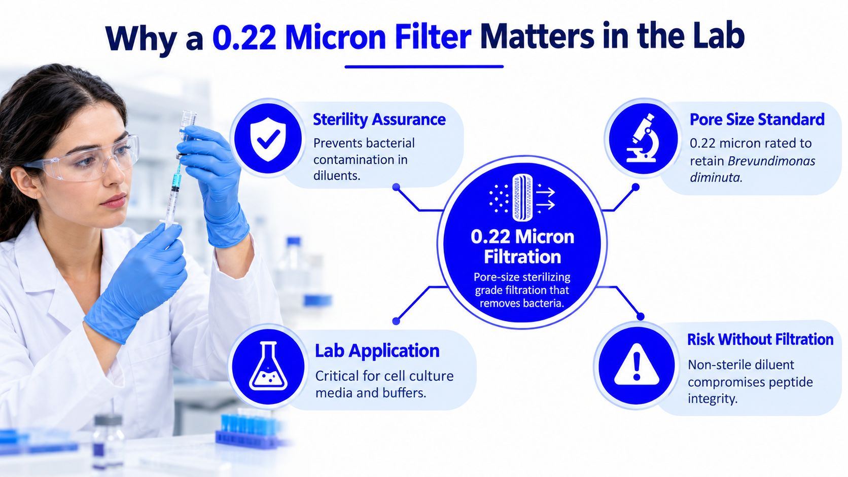 A lab scientist using a 0.22 micron filter, highlighting its importance for sterility, applications, and risk prevention.