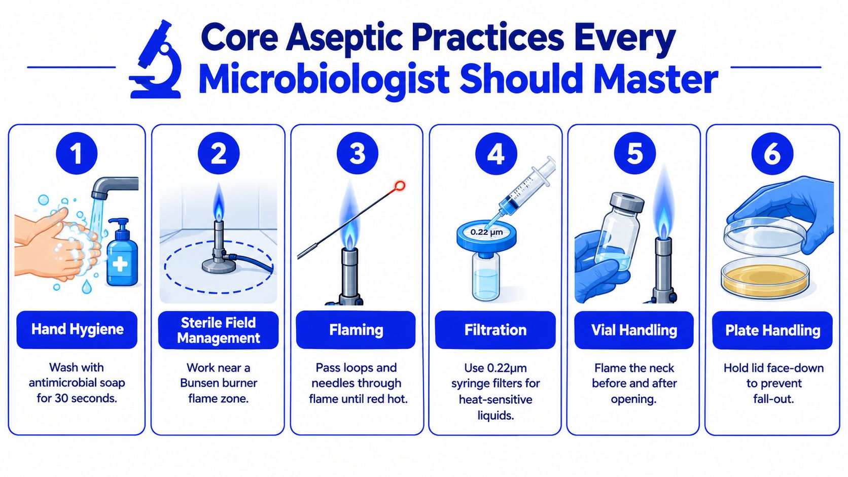 An infographic detailing six essential aseptic techniques for microbiologists, including hand hygiene, sterile field management, and plate handling.