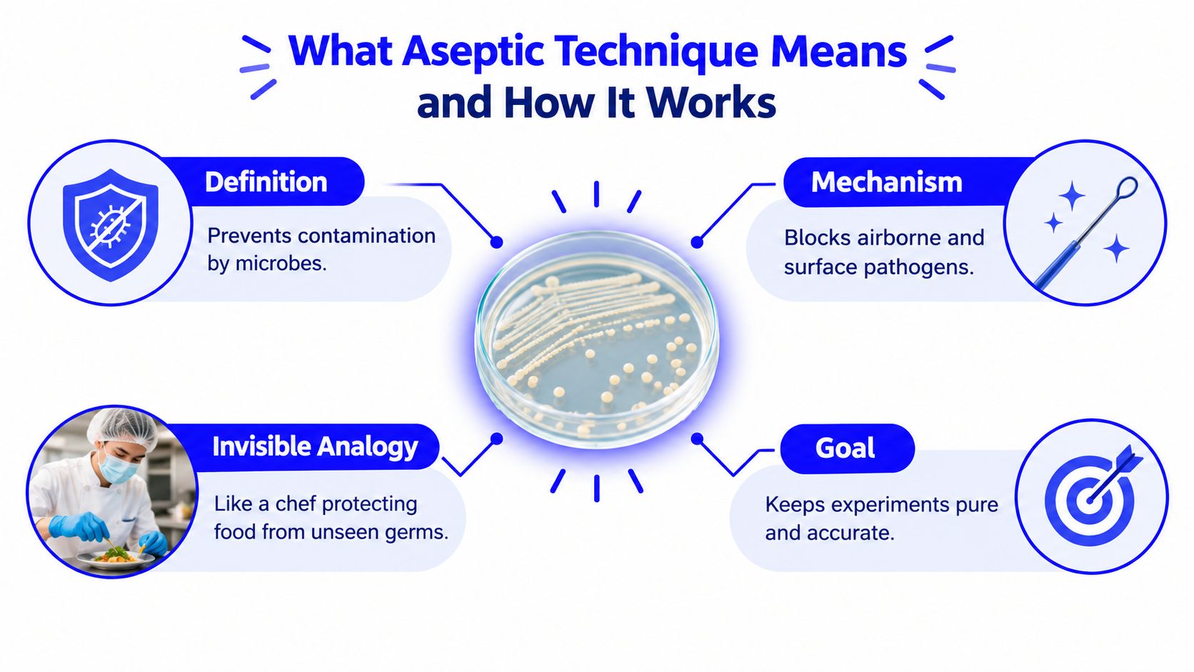 An infographic explaining the definition, mechanism, analogy, and goal of aseptic techniques in a laboratory setting.