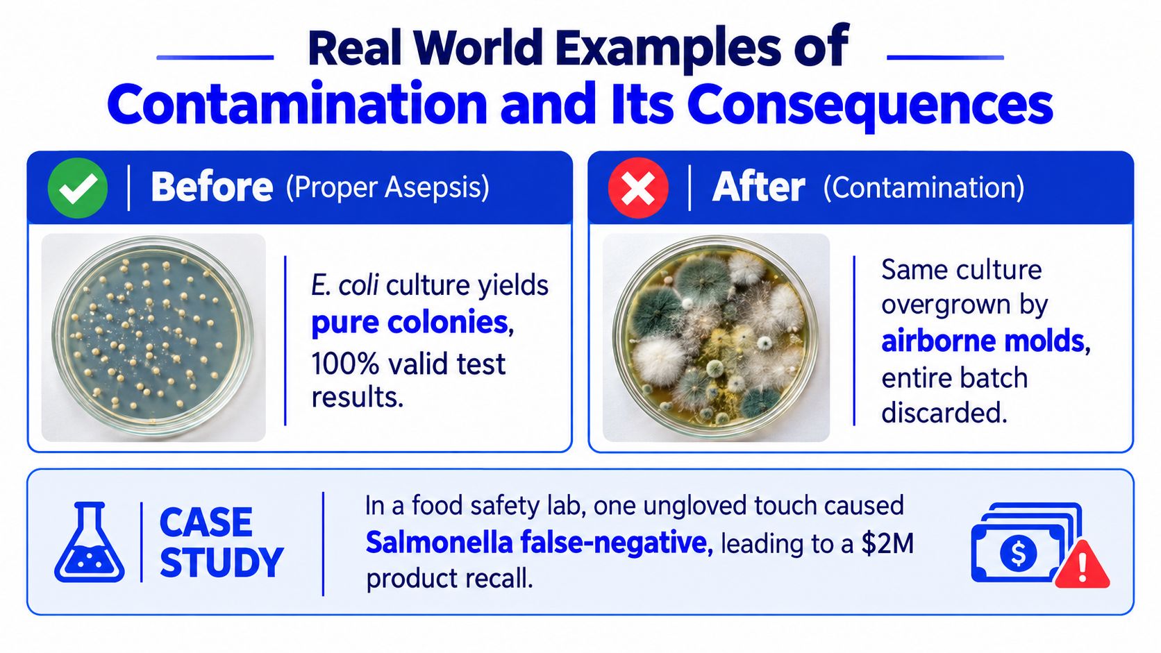 A diagram comparing uncontaminated microbiology cultures with contaminated samples to illustrate the importance of aseptic techniques.