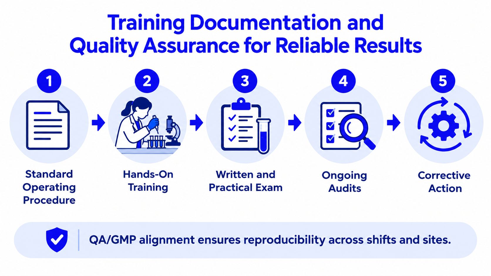 A five-step process diagram illustrating training documentation and quality assurance procedures for reliable laboratory results.