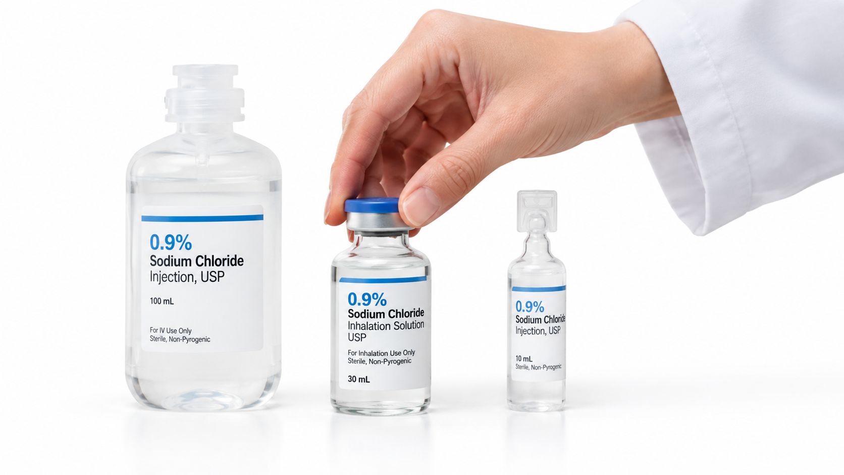A hand holding a glass vial of 0.9% Sodium Chloride Inhalation Solution next to two IV saline bottles.