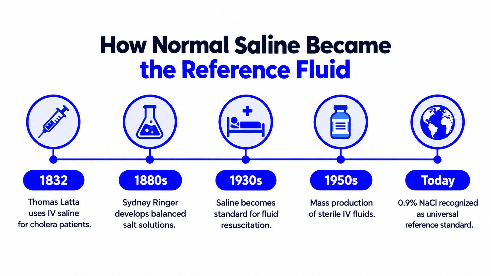A timeline graphic illustrating the historical development and standardization of normal saline as a reference fluid.