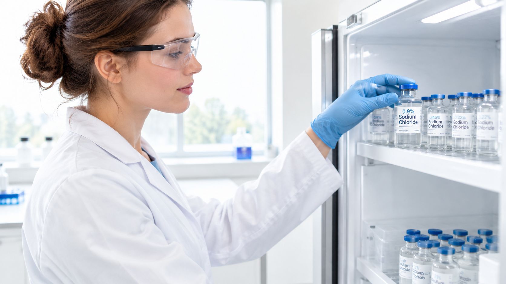 A scientist in a white coat and safety glasses selects a bottle of 0.9% sodium chloride from a laboratory refrigerator.