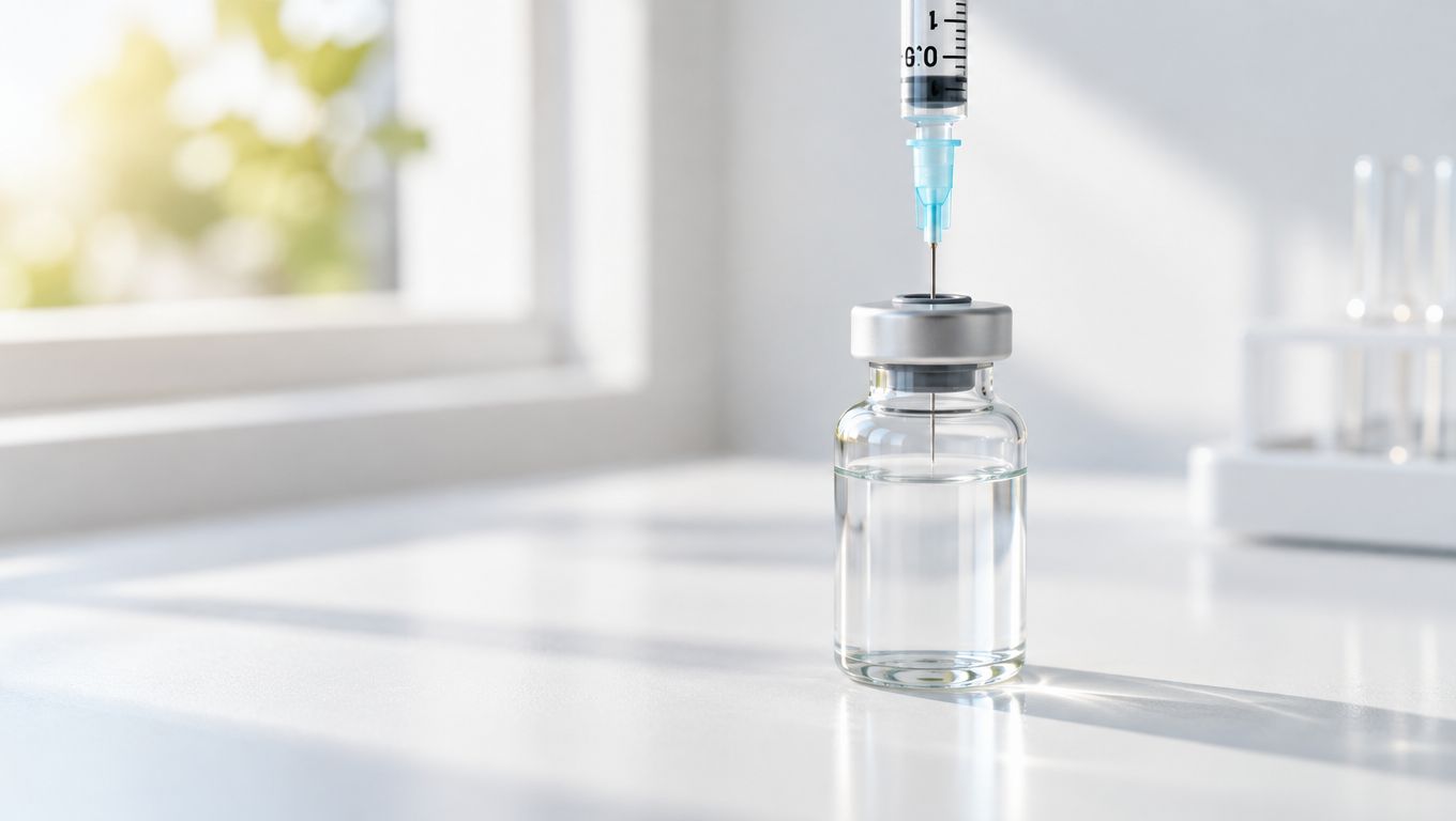 A clear medical vial with a needle inserted, resting on a white surface with a blurred background.