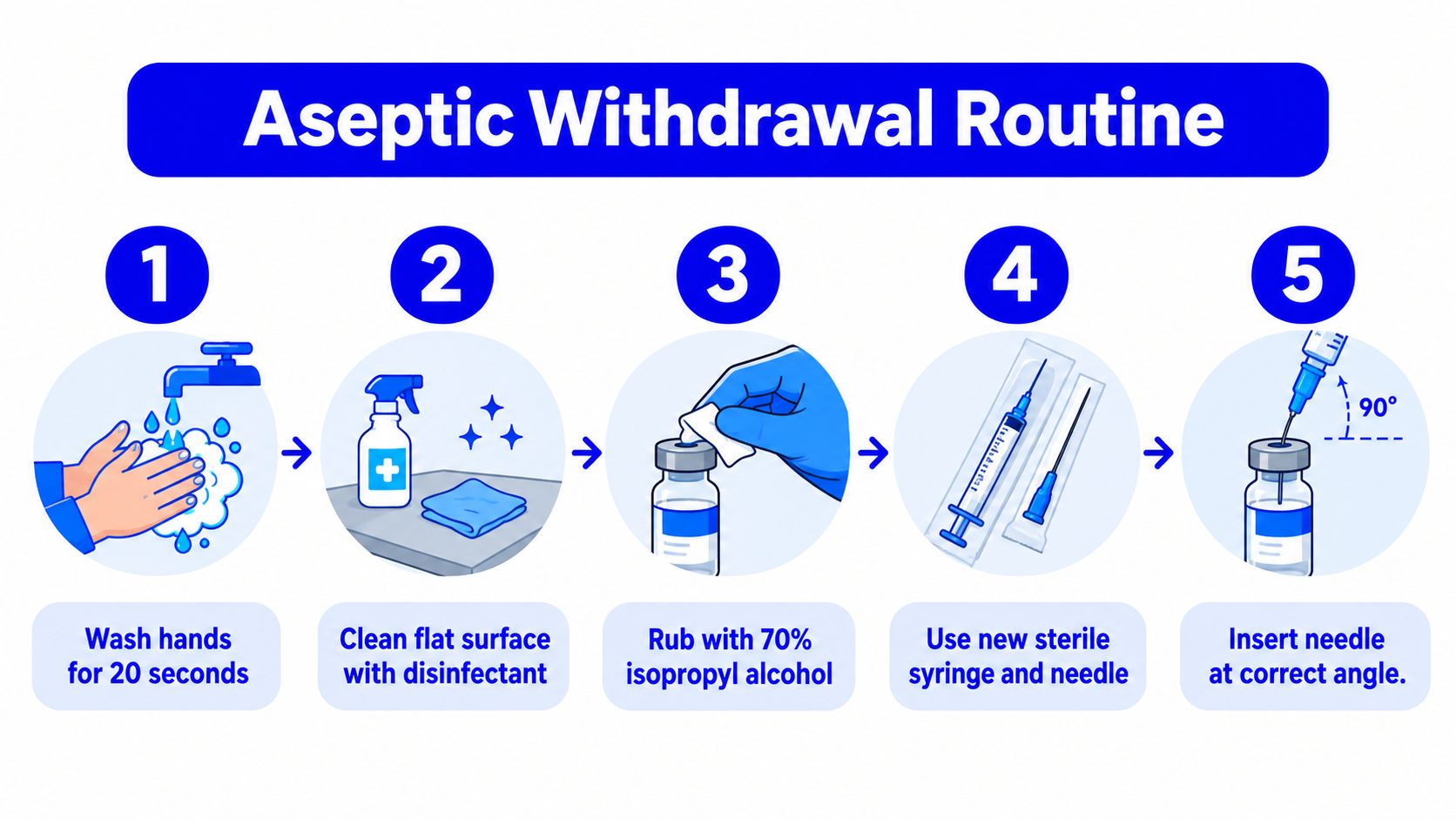 An infographic illustrating the five-step aseptic withdrawal routine for safe medication preparation using sterile medical supplies.