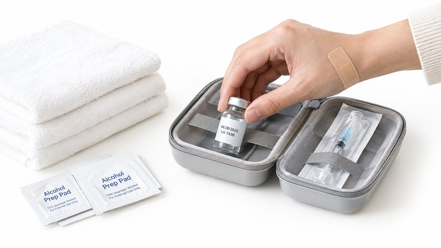 A hand holding a medicine vial above an open medical travel case with a syringe and alcohol wipes.