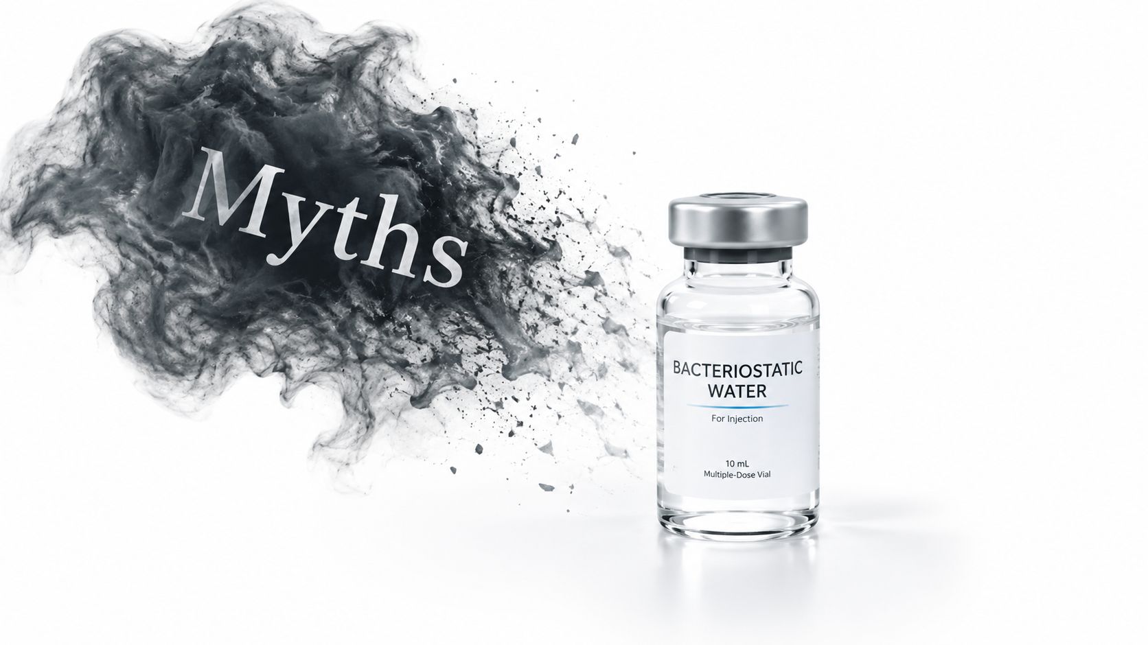 A conceptual graphic illustrating the myths surrounding bacteriostatic water for injection with dark smoke effects.