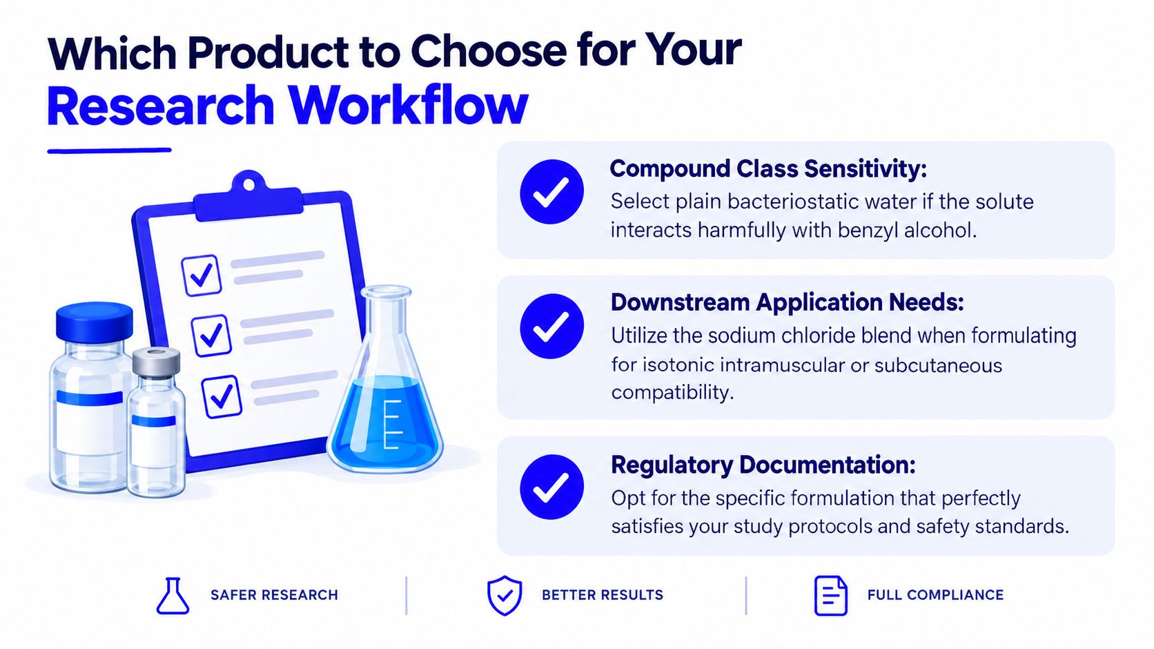A guide infographic explaining how to select the right bacteriostatic water for your laboratory research workflow.