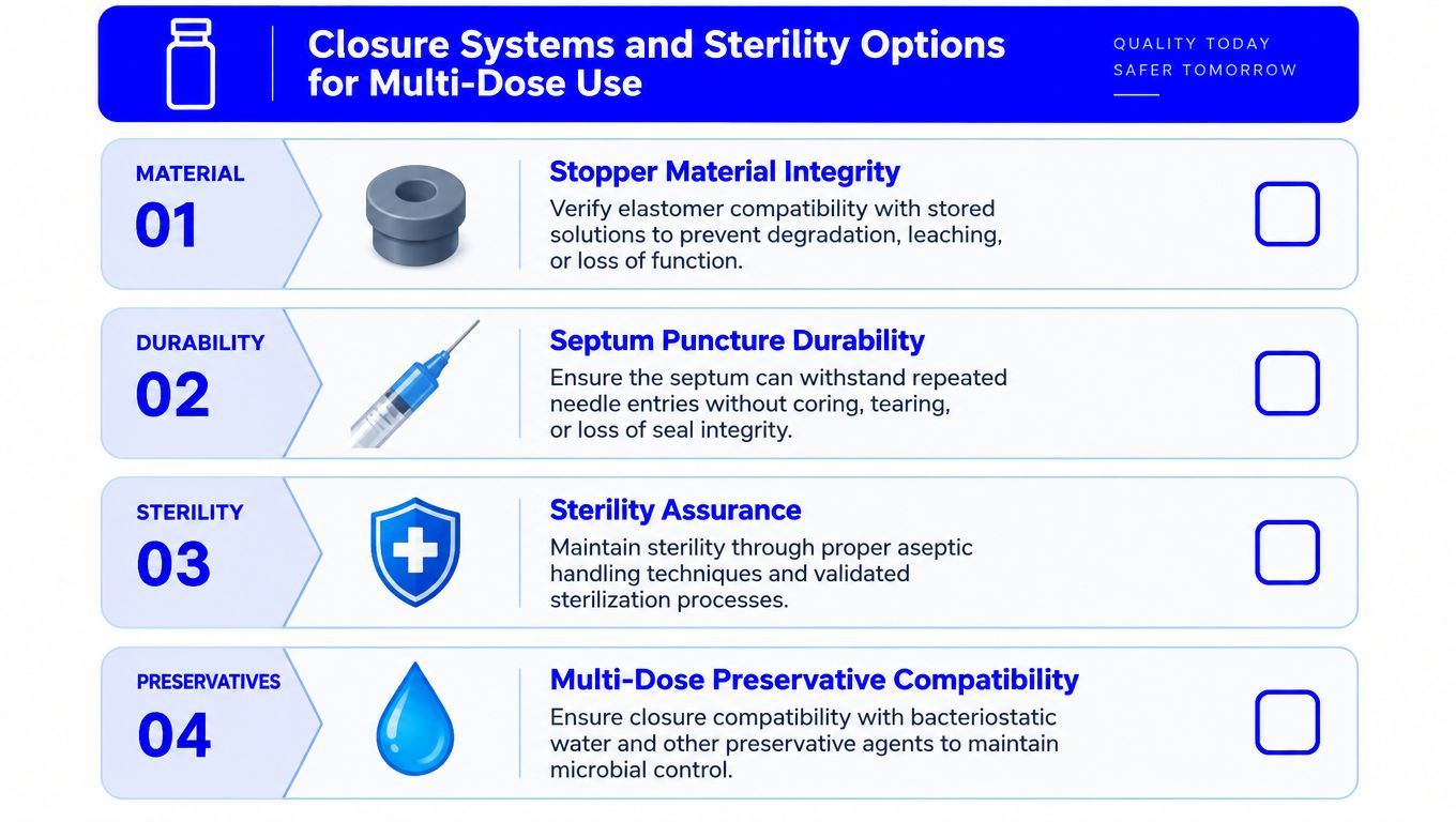 An infographic detailing four essential closure system and sterility options for multi-dose empty glass vial containers.