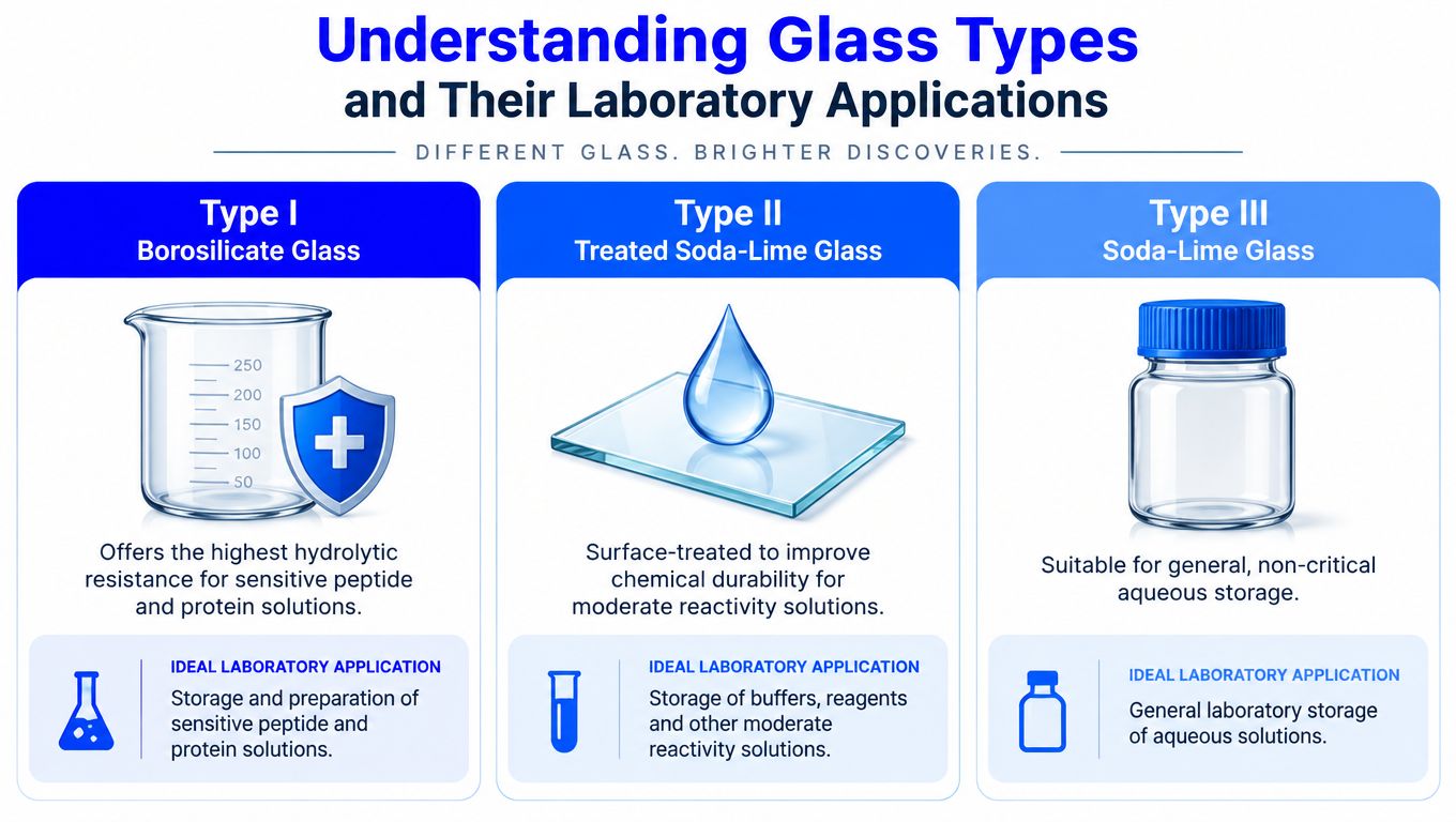 A chart illustrating the differences between Type I, Type II, and Type III laboratory glassware types.