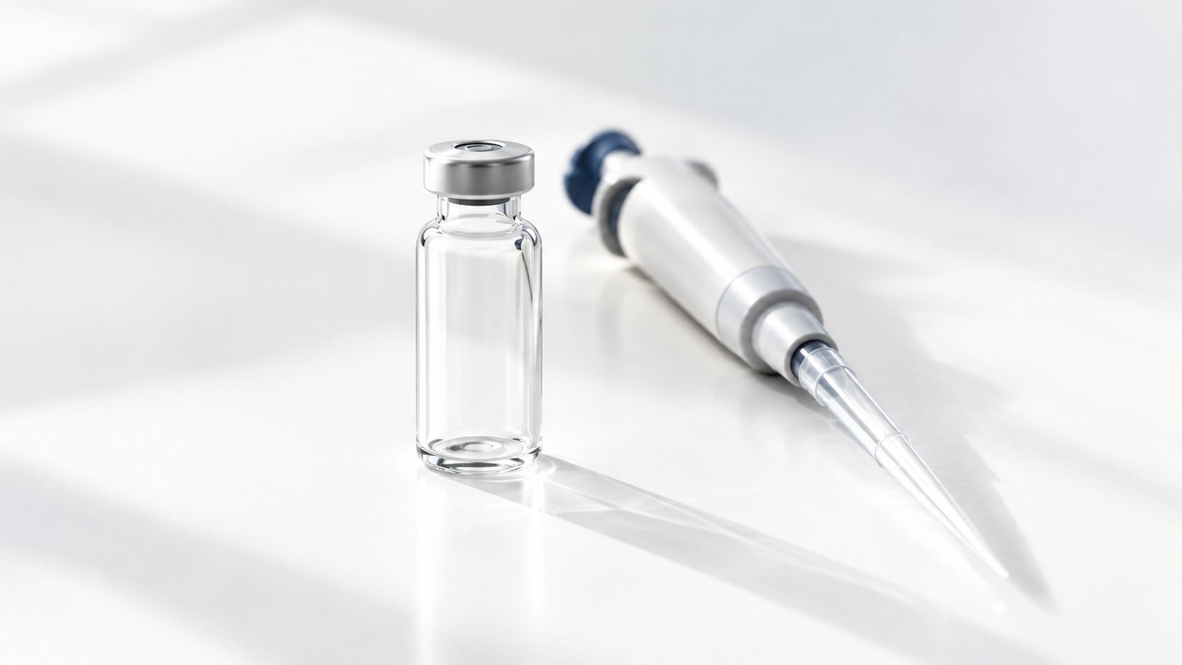 An empty transparent glass vial placed next to a laboratory micropipette on a bright white surface.
