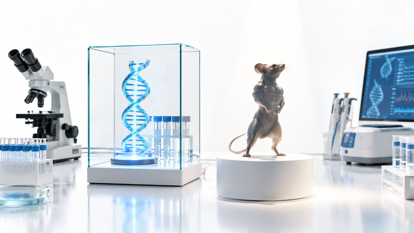 A muscular laboratory mouse standing on a podium next to a glowing DNA model in a glass case.
