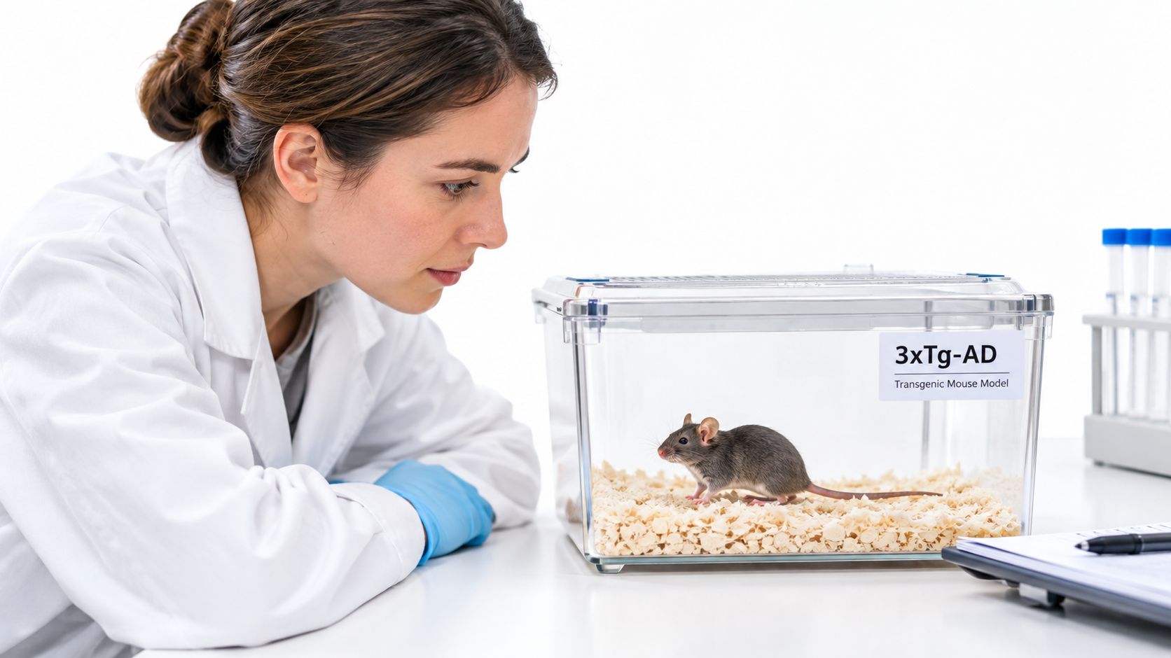 A female scientist in a lab coat and gloves observes a laboratory mouse in a glass cage.