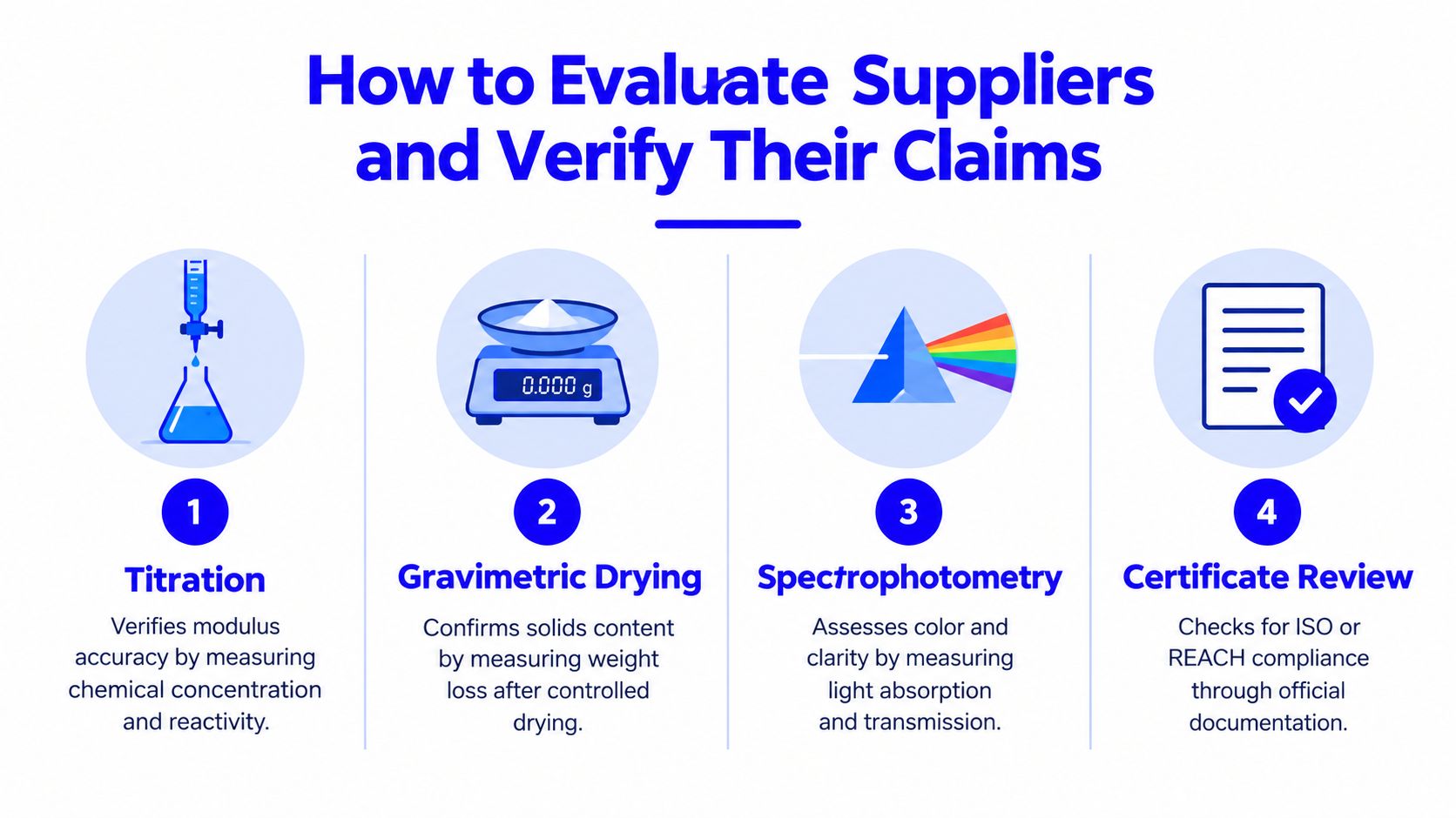 An infographic detailing four professional methods to evaluate industrial chemical suppliers and verify their product quality claims.