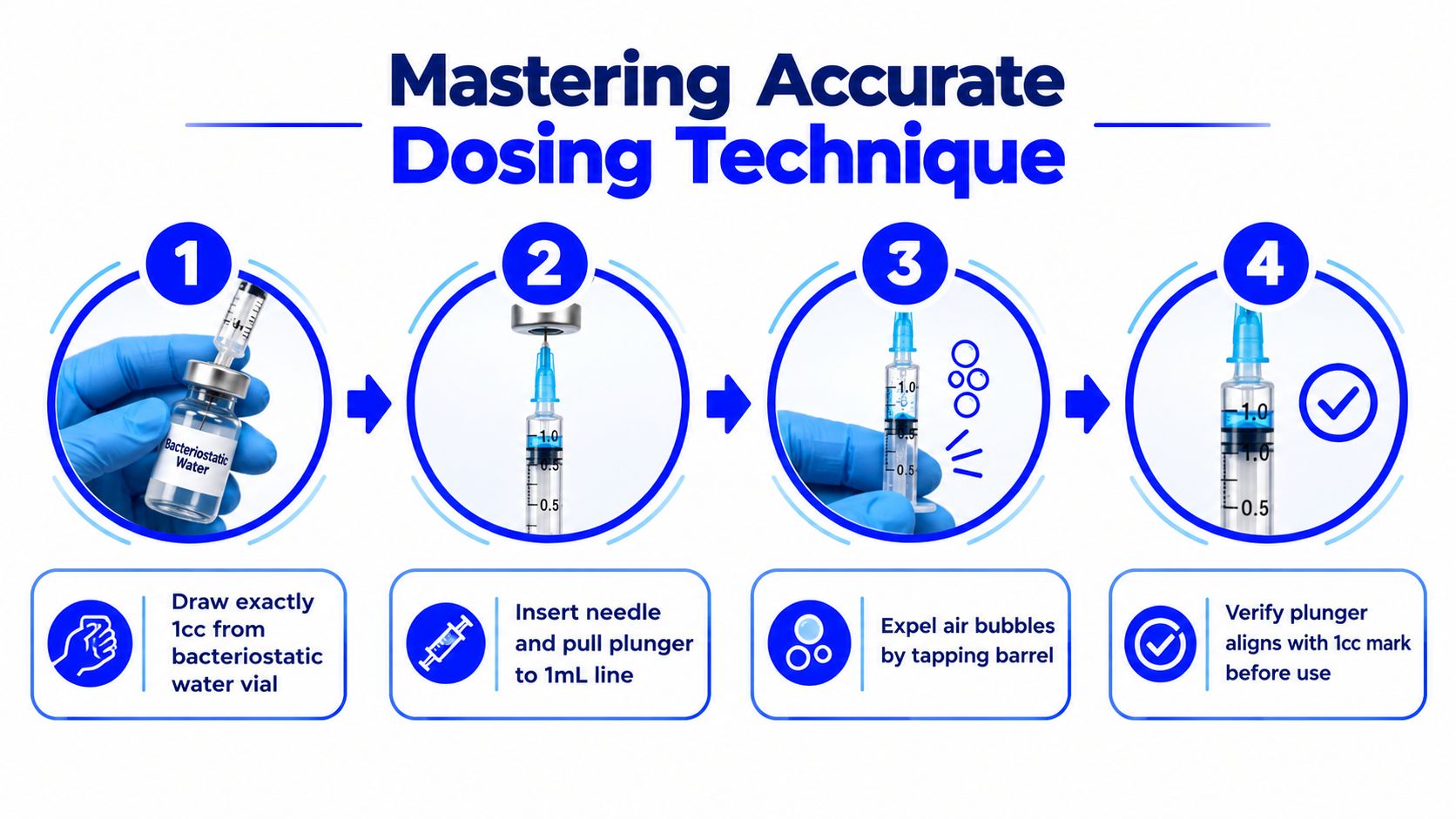 An instructional infographic detailing the four-step process for accurately measuring one cc of liquid in a syringe.