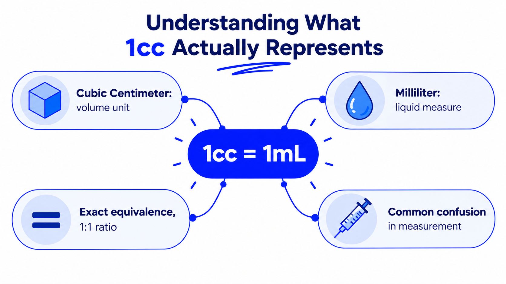 An infographic explaining that 1cc is exactly equal to 1mL, showing volume, liquid measure, and medical syringe contexts.