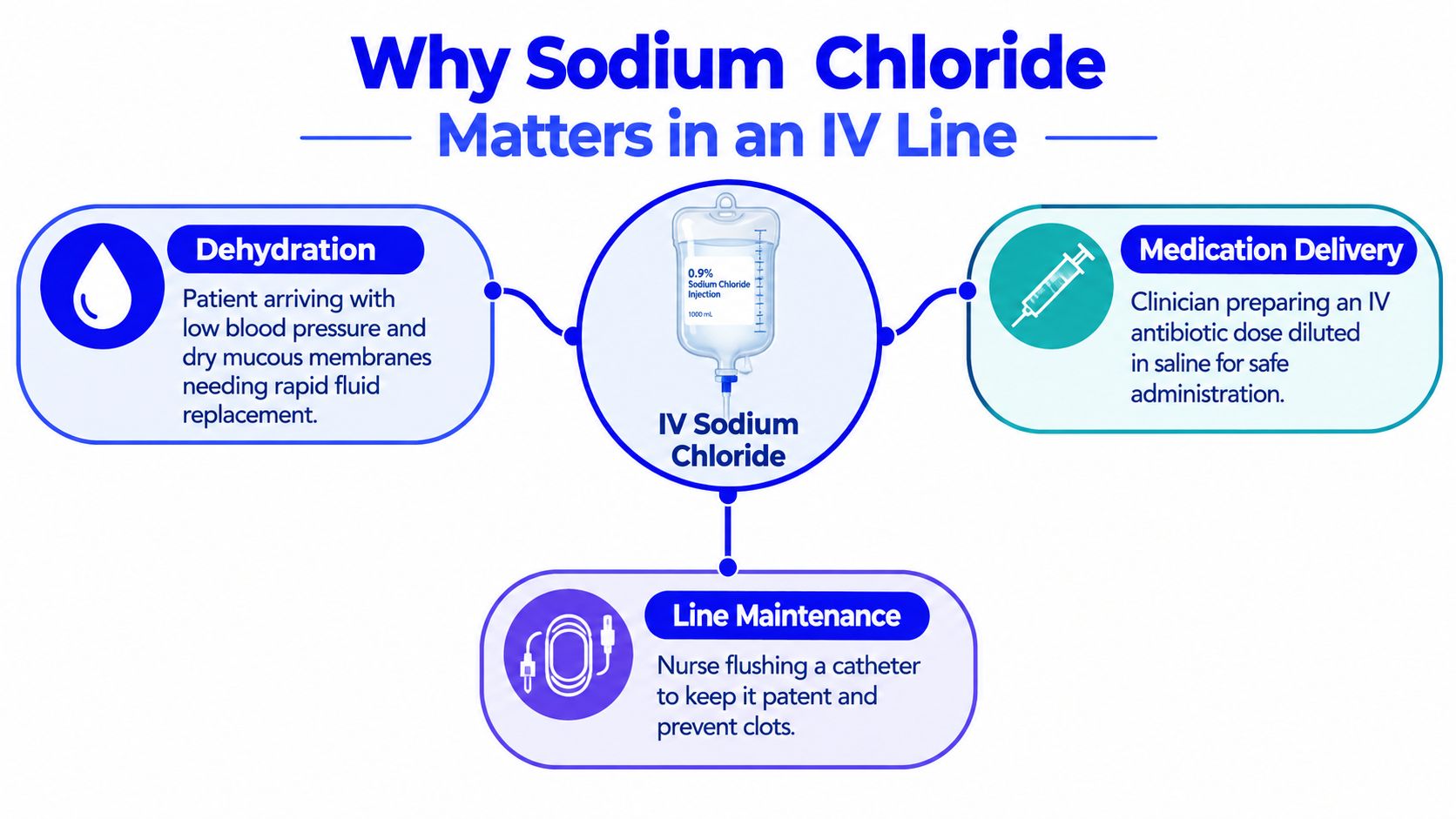 A diagram explaining three primary medical uses for sodium chloride intravenous fluid: dehydration, medication delivery, and line maintenance.