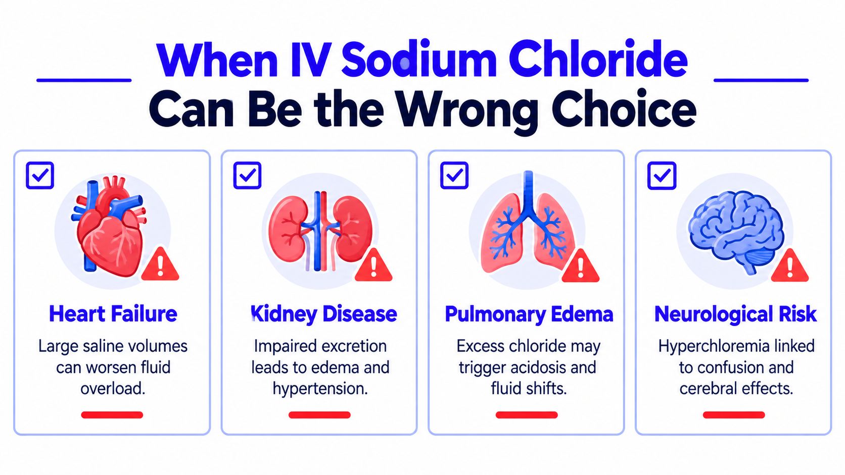An infographic showing four medical conditions where IV sodium chloride may be the wrong choice.