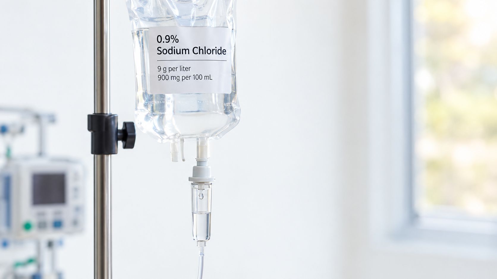 An intravenous bag labeled 0.9 percent sodium chloride hanging from a medical pole in a hospital room.